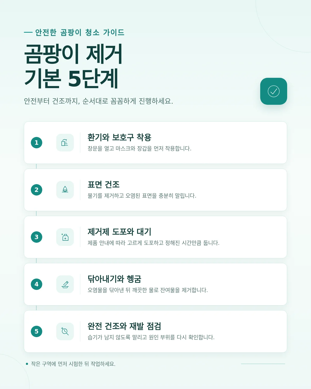 벽지 아래쪽 모서리의 검은 곰팡이 얼룩을 천으로 닦는 모습